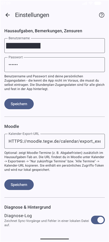 Einstellungen-Bildschirm (Benutzername unkenntlich gemacht)