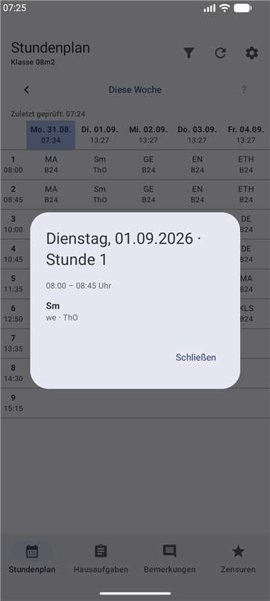 Detailansicht einer einzelnen Unterrichtsstunde